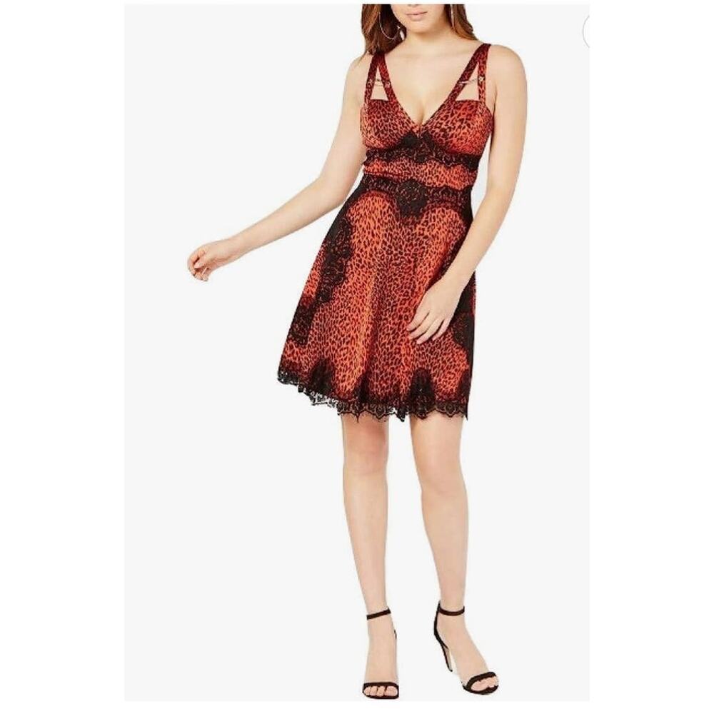 GUESS Nadine Red and Black Leopard Print Fit and Flare Dress - XS